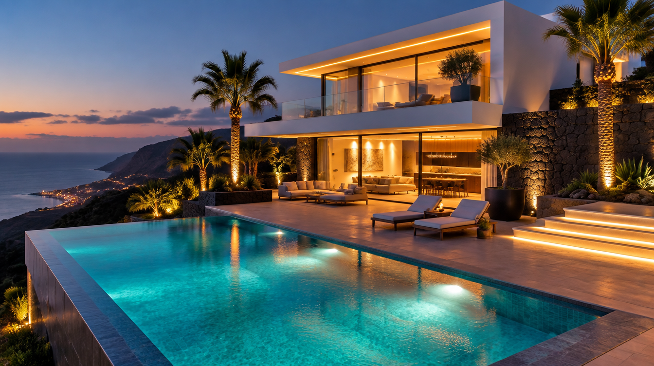 Concepto de web para domótica de villas: una villa en Mogán que se ilumina